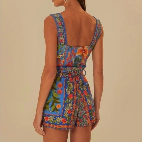 NWT FARM RIO Stitched Garden Blue Floral Romper Tropical Beaded Tie Size XXS - Picture 5 of 11